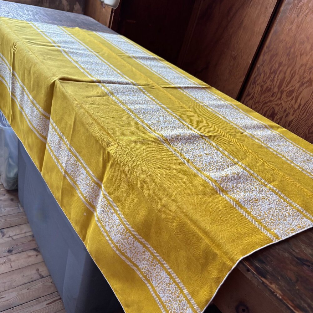 Vintage Polish Yellow Linen Woven Square Tablecloth Made in Poland
